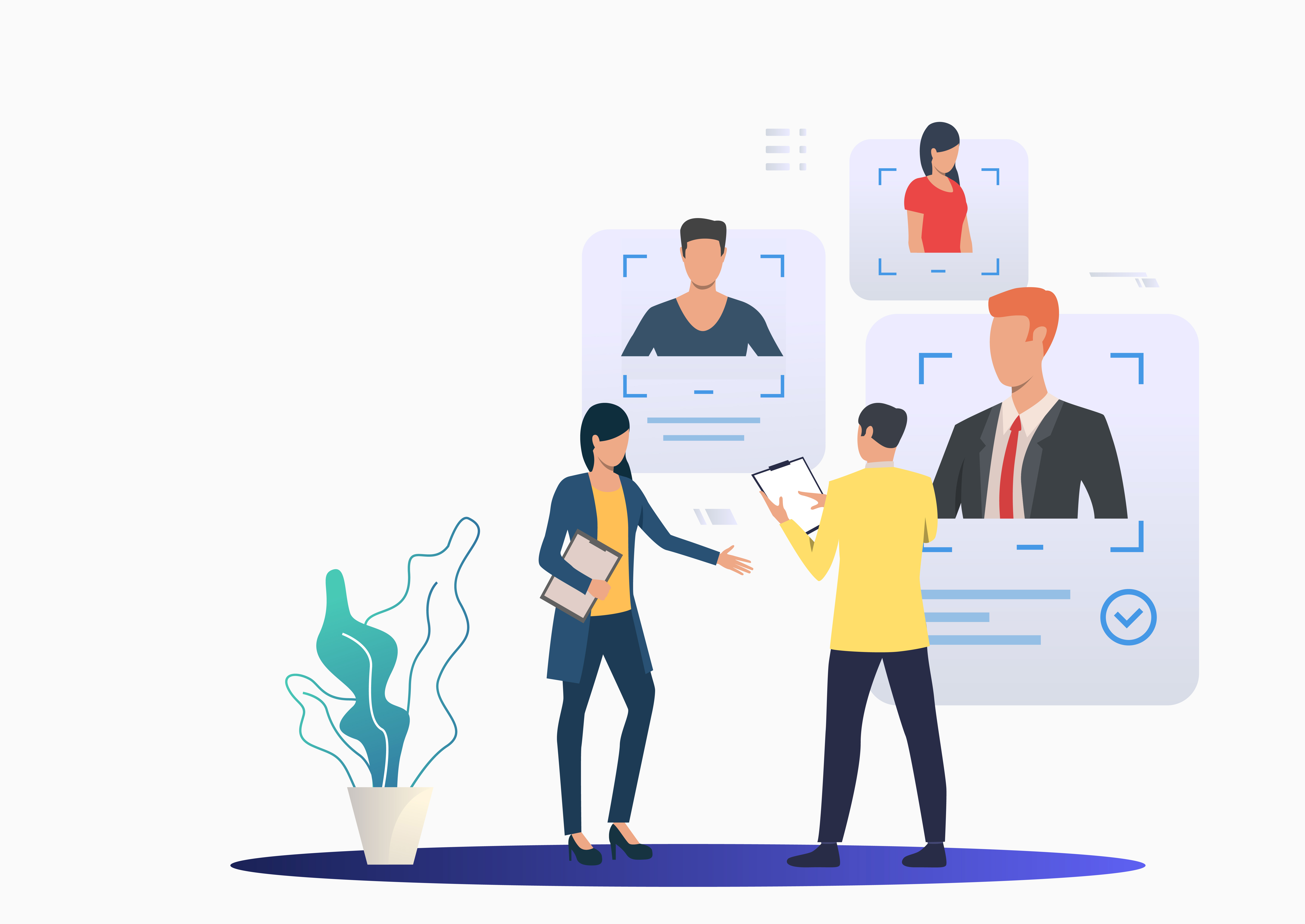 Recruiting professionals studying candidate profiles Recruiting professionals studying candidate profiles. Man and woman, teamwork, CV. Human resource concept. Vector illustration can be used for topics like recruitment, hiring, selection